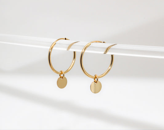 INSTINCT - 14 Karat Gold Filled Hoops · 16mm · Coin Dangling Charm Earrings · 1 pair · Hypoallergenic