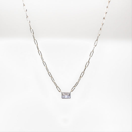 LILI - 925 Sterling Silver Rectangle Square Zircon Necklace∙ Paperclip chain
