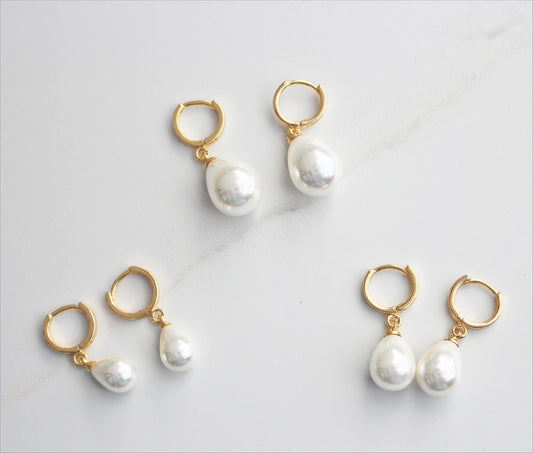 LYLA - 14K Gold Mini Hoops and Sea Shell Drop Pearl Earrings  | Golden Huggies Clip Bead Drop Earrings | Ocean Inspired Earrings