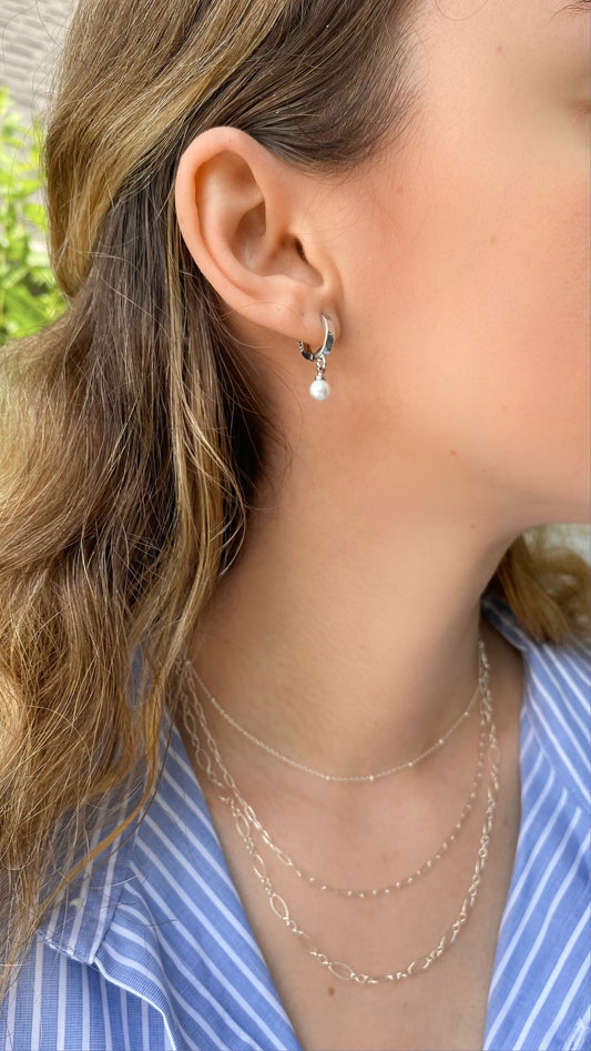JUNE - Silver Pearl Drop Huggies Earrings | Pearl Dangle Earring | Wedding Pearl Layering Earrings  | Ocean Inspired Jewelry