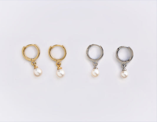 JUNE - Silver Pearl Drop Huggies Earrings | Pearl Dangle Earring | Wedding Pearl Layering Earrings  | Ocean Inspired Jewelry