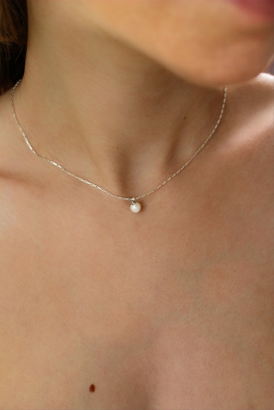 JUNE - Silver Pearl Drop Necklace ∙ Pearl Dangle Chain ∙ Tiny Box Chain ∙ Wedding Pearl Layering