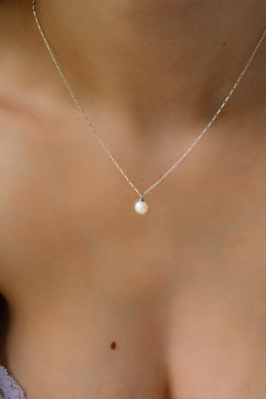 JUNE - Silver Pearl Drop Necklace | Pearl Dangle Chain | Tiny Box Chain | Wedding Pearl Layering