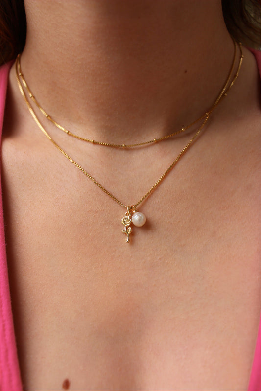 ROSE - Gold Filled Necklace With A Rose & Pearl Charm ∙ Victorian Love Couple Necklace Gift ∙ Rose Flower Charm