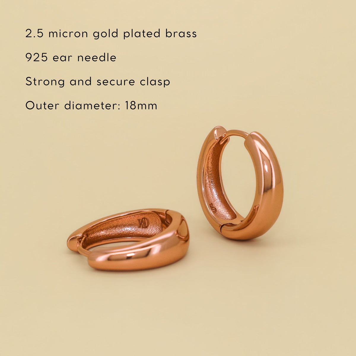18mm Rose Gold Hoop Earrings · Thick 2.5 Micron Gold Plated Brass Hoops