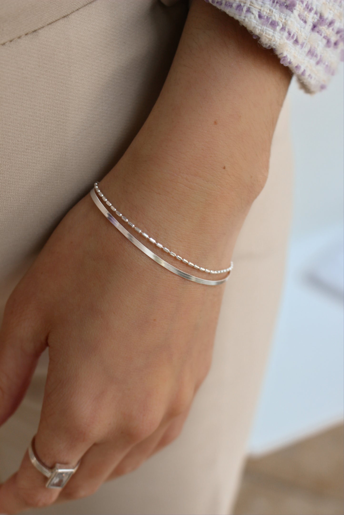CANEO - 100% 925 Sterling Silver Double Layer Bracelet ∙ Water Resistant ∙ Herringbone Bracelet ∙ Silver Filled Beaded Chain
