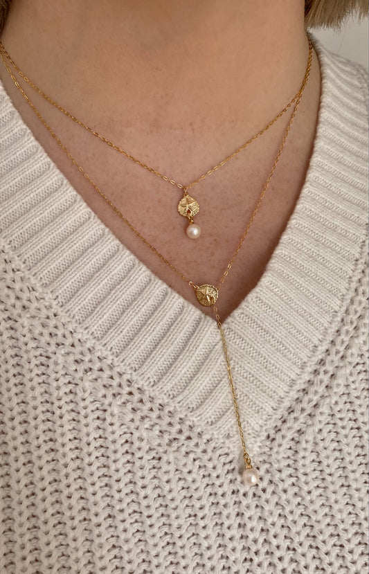 14k Gold Filled Sea Shell Y Necklace with drop pearl ∙ Sand Dollar Charms ∙ Wedding Jewelry ∙ Dangle Pearl Necklace ∙ Waterproof