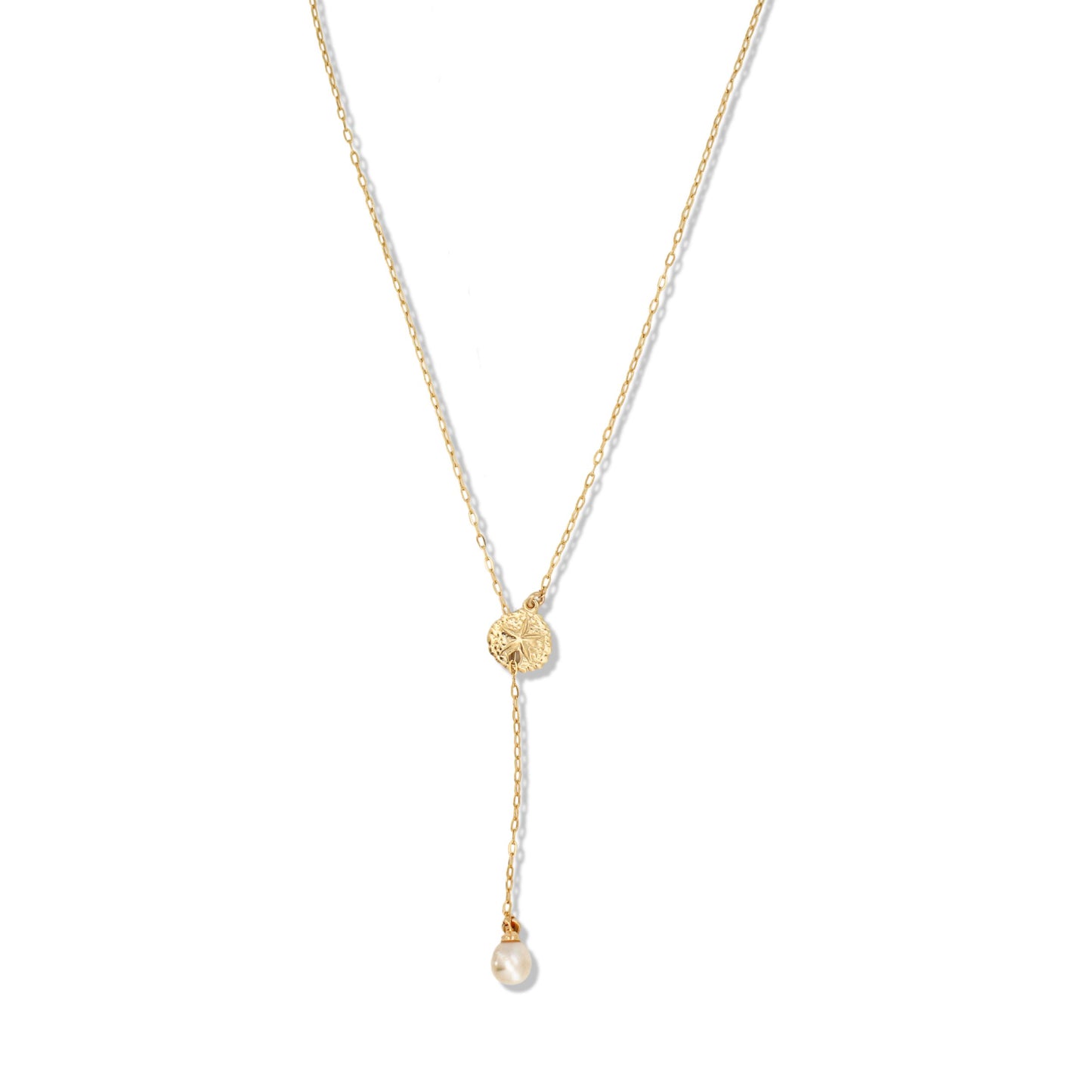 14k Gold Filled Sea Shell Y Necklace with drop pearl ∙ Sand Dollar Charms ∙ Wedding Jewelry ∙ Dangle Pearl Necklace ∙ Waterproof