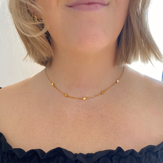 925 Sterling Silver Choker Stars Necklace ∙ Gold Minimal Chain ∙ Multistar Celestial Necklace
