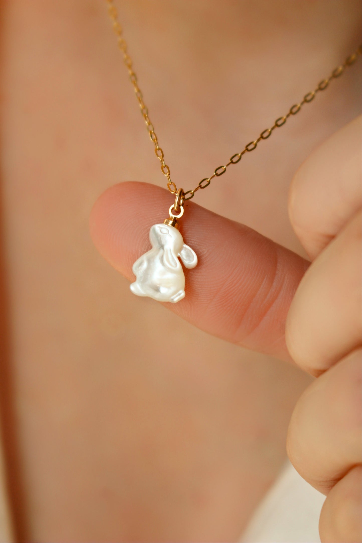 White Shell Rabbit Necklace With 14K Gold Filled Chain · Moon Bunny Pendant · Mother of Pearl Shell Rabbit Pendant