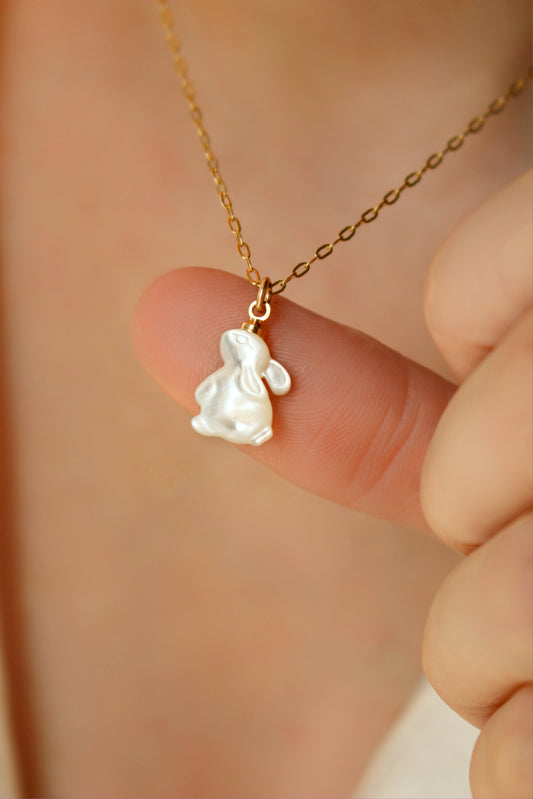 White Shell Rabbit Necklace With 14K Gold Filled Chain · Moon Bunny Pendant · Mother of Pearl Shell Rabbit Pendant