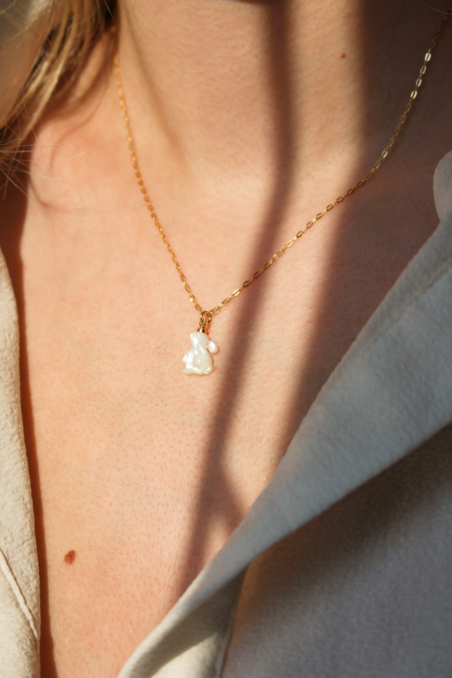White Shell Rabbit Necklace With 14K Gold Filled Chain · Moon Bunny Pendant · Mother of Pearl Shell Rabbit Pendant