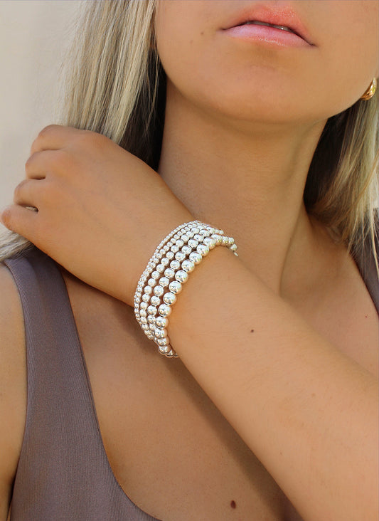925 Sterling Silver Beaded Bracelets for Women ∙ Stretchy Ball Bracelet
