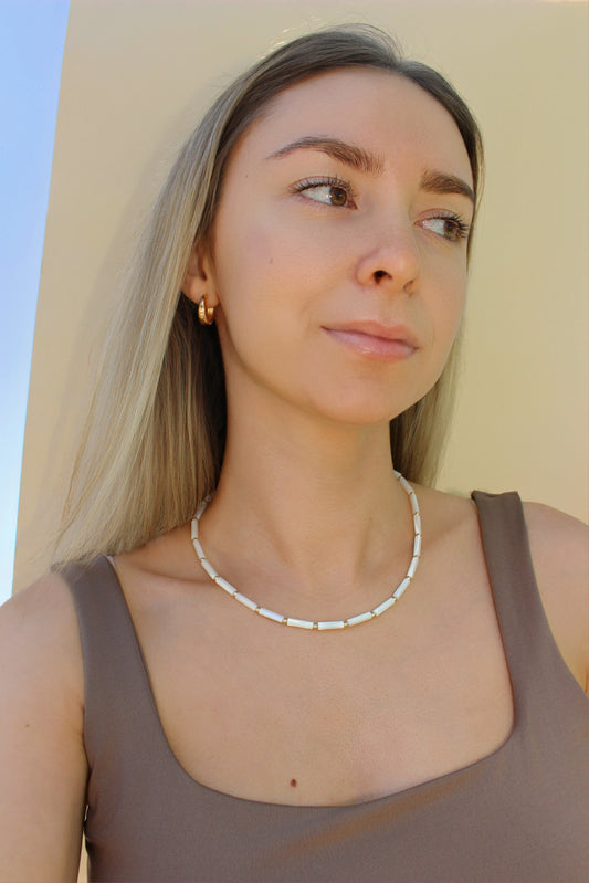 Natural Shell Beaded Necklace in 14k Gold Filled For Women · Gold Strand Necklace White Gem