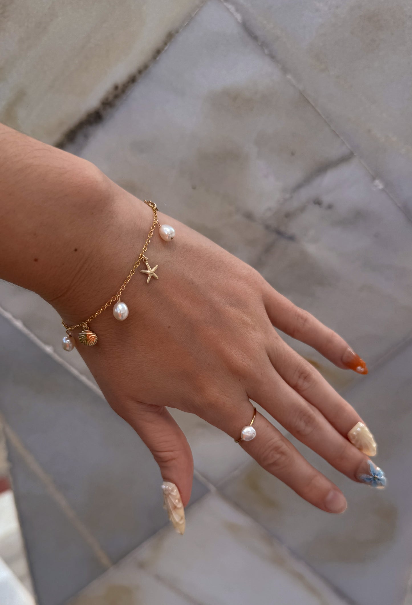 14K Gold Filled Bracelet Freshwater Dangling Pearl and Shell Charms