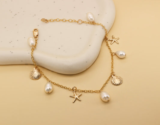 14K Gold Filled Bracelet Freshwater Dangling Pearl and Shell Charms