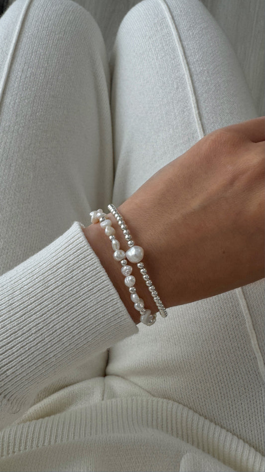 Elegant 925 Sterling Silver Beaded Bracelet with Natural Freshwater Baroque Pearls