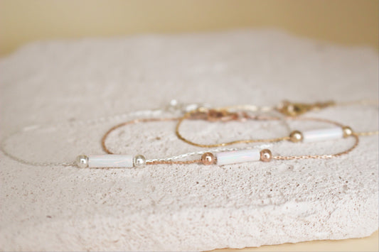 Minimalist White Opal Tube Bracelet On A Dainty Snake Chain