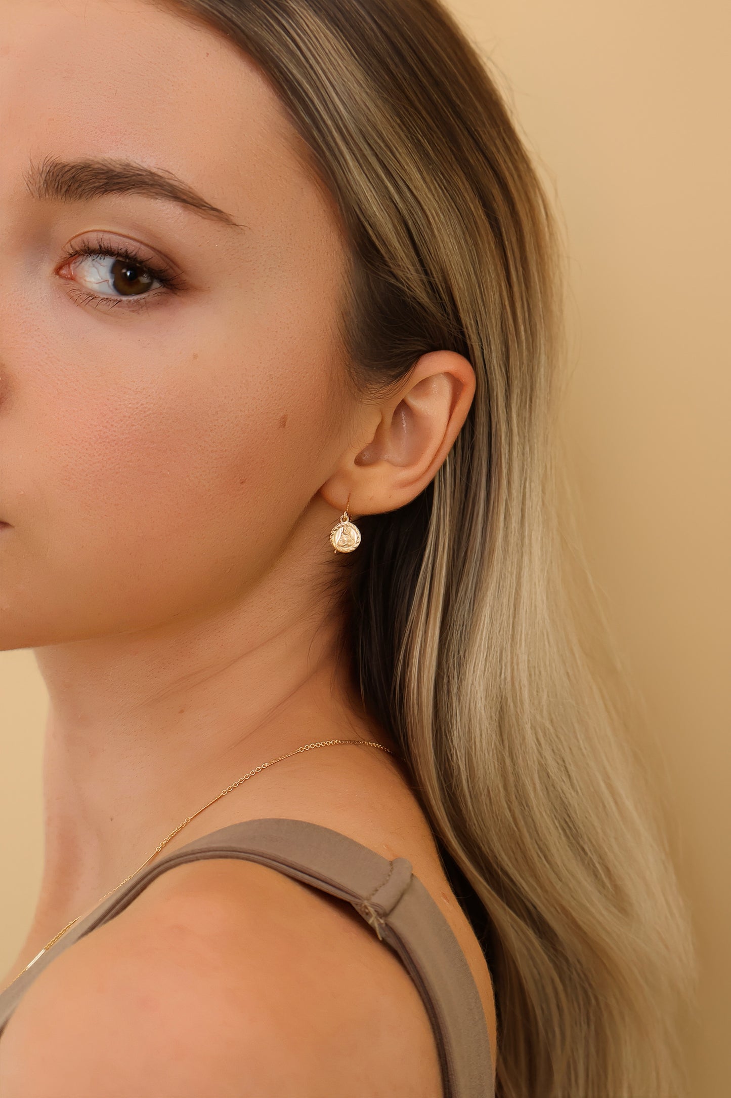 14k Gold Filled Virgin Mary Drop Coin Dangle Earrings