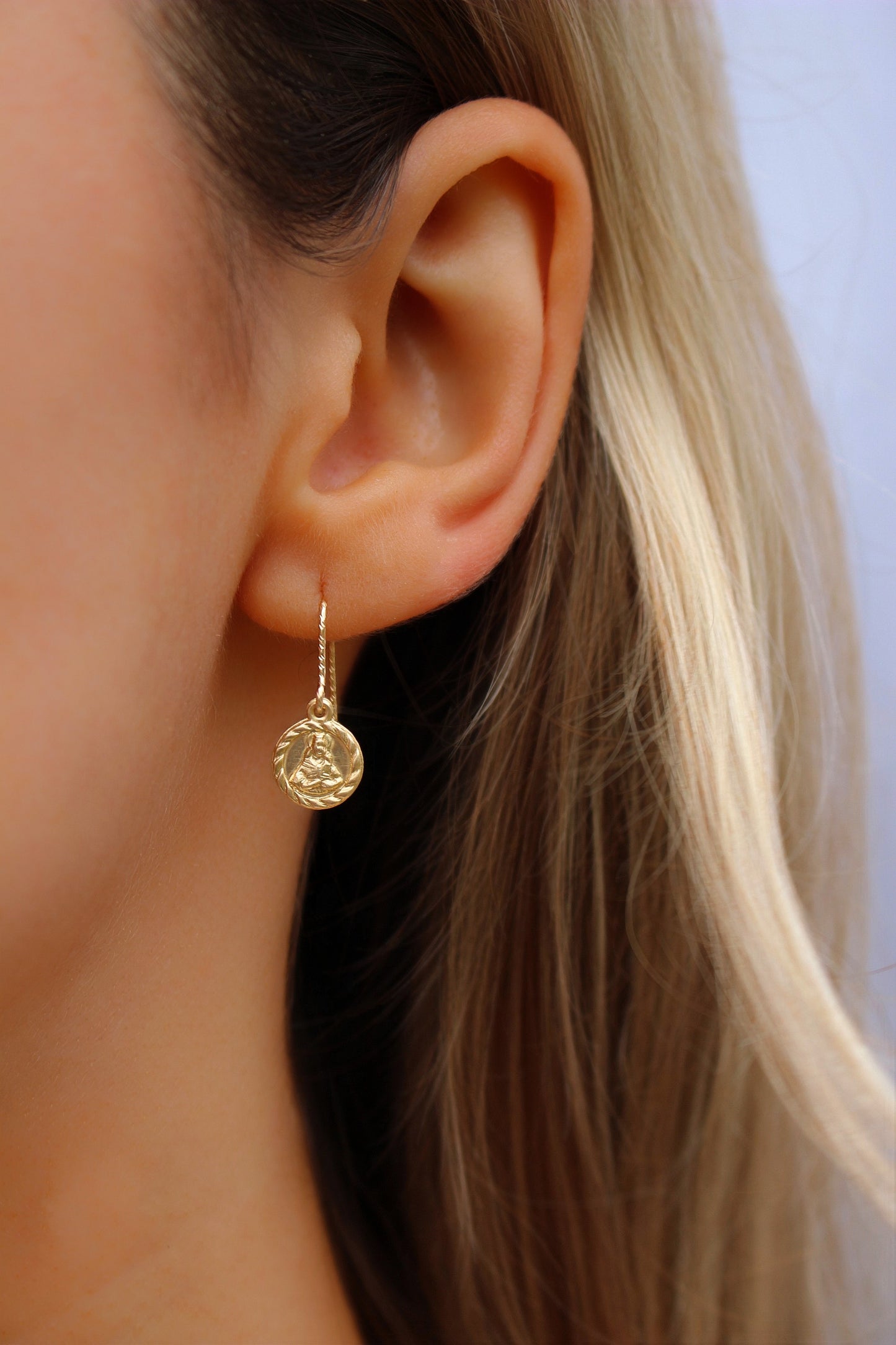 14k Gold Filled Virgin Mary Drop Coin Dangle Earrings