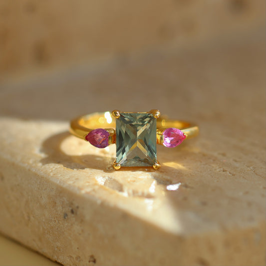 AUDREY - 18K Gold Vermeil AAAAA Green Emerald Cut and Pink Ring