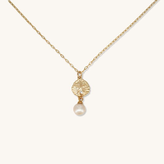 14k Gold Filled Sea Shell Pearl Drop Necklace ∙ Sand Dollar Charms ∙ Wedding Gift for Her ∙ Minimalist Gold Necklace