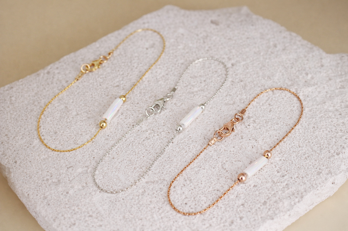 Minimalist White Opal Tube Bracelet On A Dainty Snake Chain