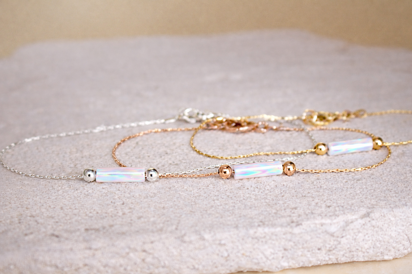 Minimalist White Opal Tube Bracelet On A Dainty Snake Chain