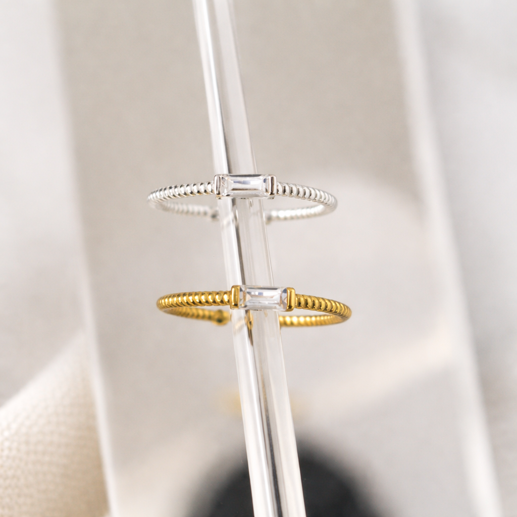 Dainty Baguette Ring in 925 Sterling Silver gold plated ∙ Fine Stackable rings ∙ 100% silver ∙ Sparkling Ring ∙ Thin Twisted Band Ring