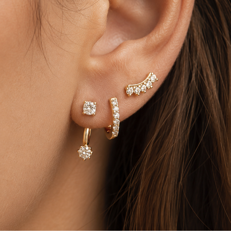 Set of 3 925 Sterling Silver Diamond Earrings · Diamond Gold Hoops Gift For Her