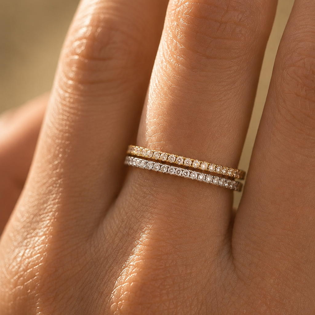 Paved Diamond Eternity Band Ring in 925 Sterling Silver 18k Gold