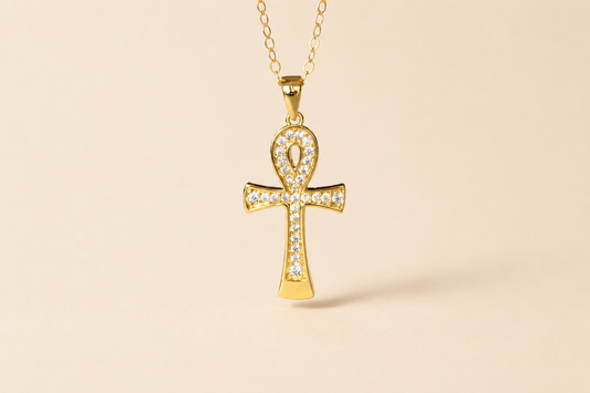 Ankh necklace ∙ Gold filled chain ∙ Paved charm cross zircon ∙ Ansated cross pantheon egypt ∙ 14x29mm