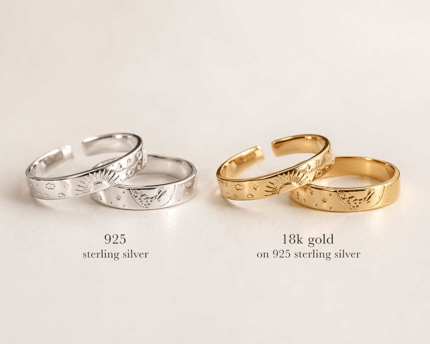 Sun and Moon Couple Rings ∙ 18K Gold or Sterling Silver ∙ Adjustable Set of 2 Band Rings