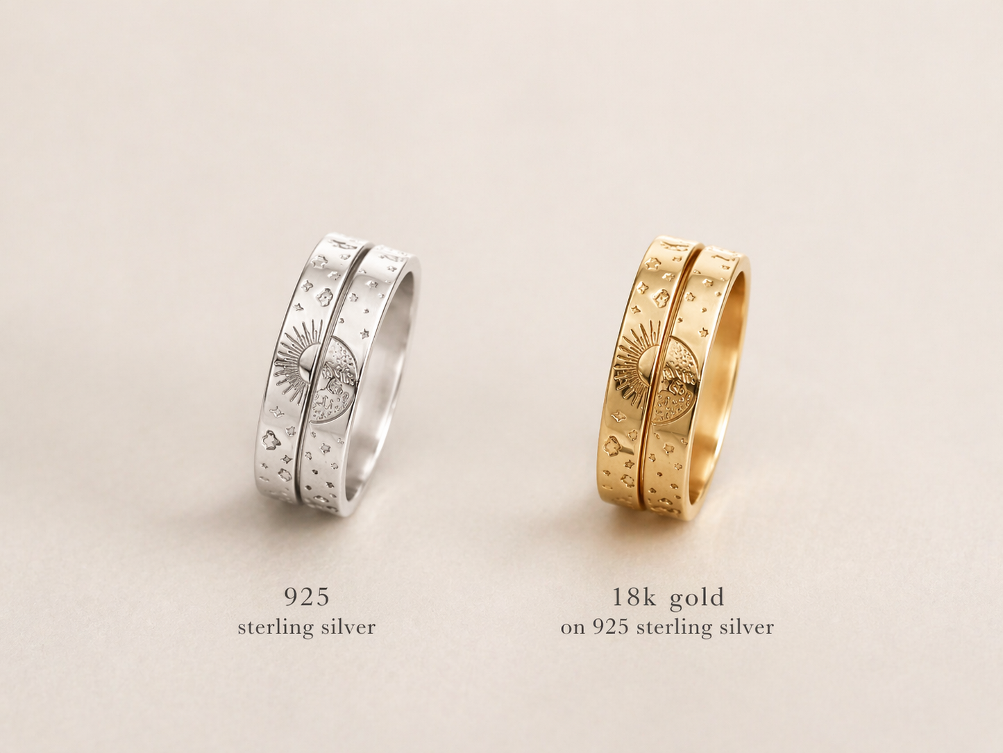 Sun and Moon Couple Rings ∙ 18K Gold or Sterling Silver ∙ Adjustable Set of 2 Band Rings