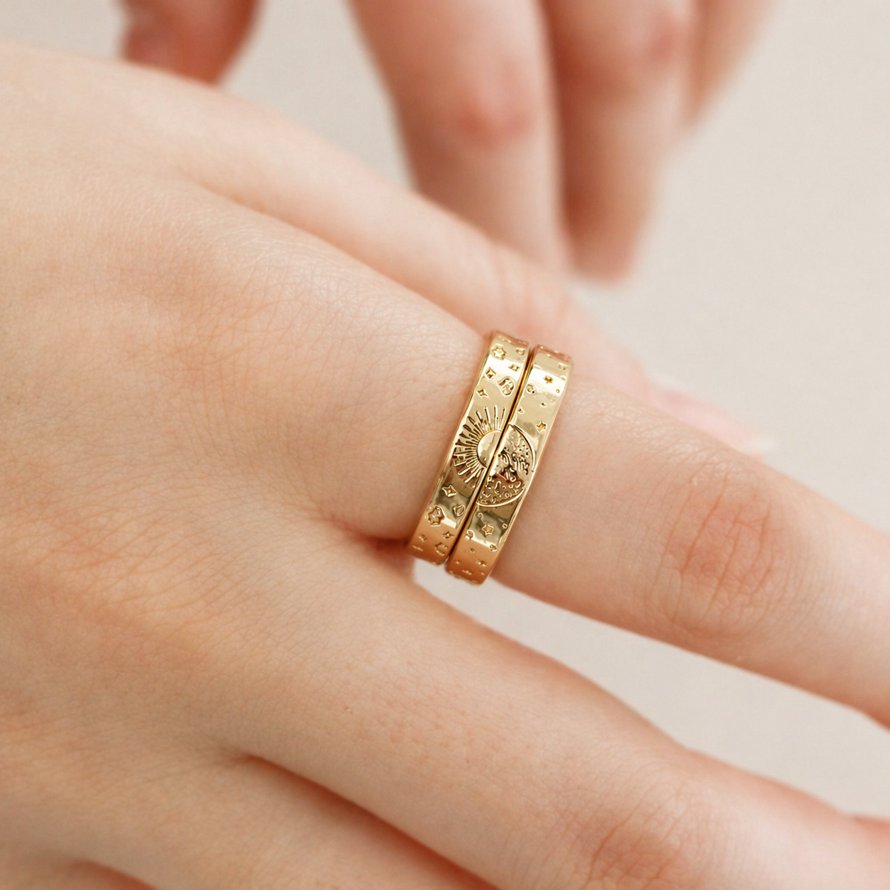 Sun and Moon Couple Rings ∙ 18K Gold or Sterling Silver ∙ Adjustable Set of 2 Band Rings