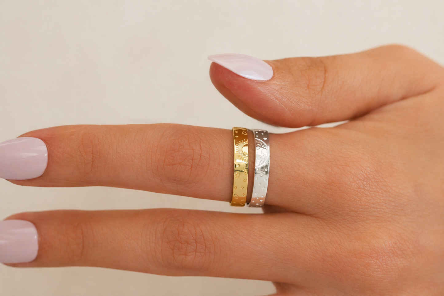 Sun and Moon Couple Rings ∙ 18K Gold or Sterling Silver ∙ Adjustable Set of 2 Band Rings