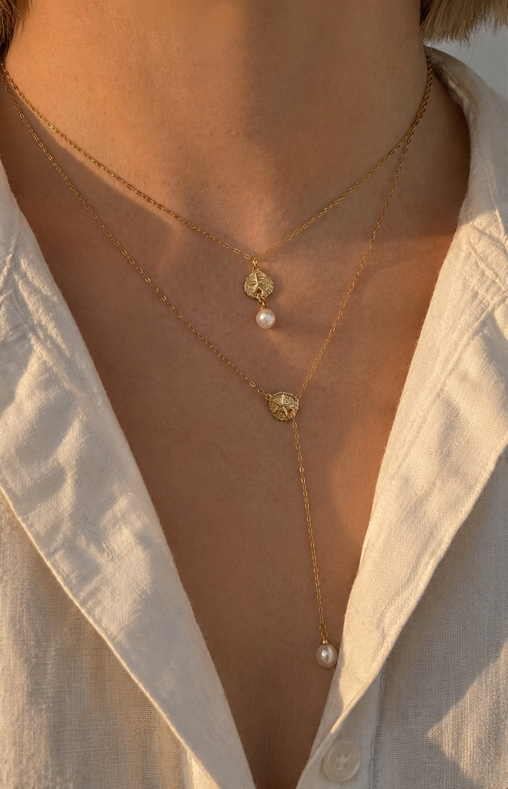 14k Gold Filled Sea Shell Y Necklace with drop pearl ∙ Sand Dollar Charms ∙ Wedding Jewelry ∙ Dangle Pearl Necklace ∙ Waterproof