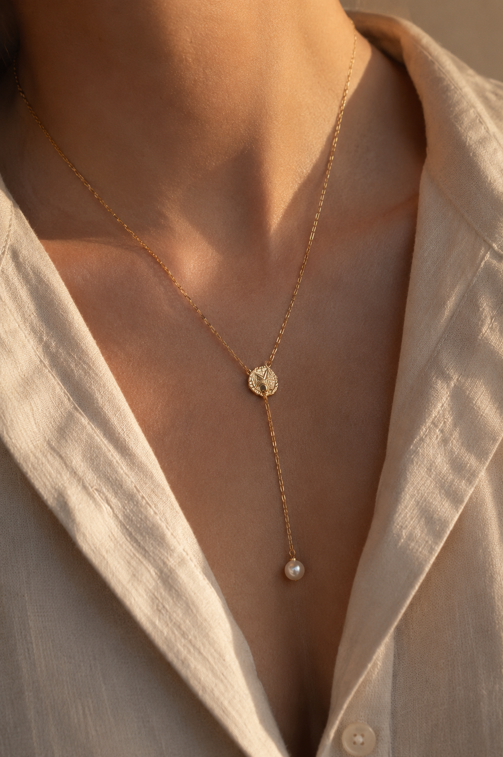 14k Gold Filled Sea Shell Y Necklace with drop pearl ∙ Sand Dollar Charms ∙ Wedding Jewelry ∙ Dangle Pearl Necklace ∙ Waterproof