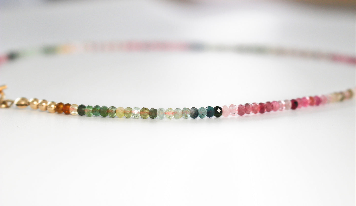 Pink Green Tourmaline Beaded Necklace with 14k Gold Filled Toggle Clasp