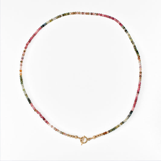 Pink Green Tourmaline Beaded Necklace with 14k Gold Filled Toggle Clasp