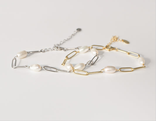 Paperclip Pearl Bracelet in 925 Sterling Silver 14K Gold