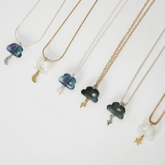 Natural Rainbow Gemstone Cloud with Gold Filled Chain Necklace · Labradorite · Moonstone · Fluorite
