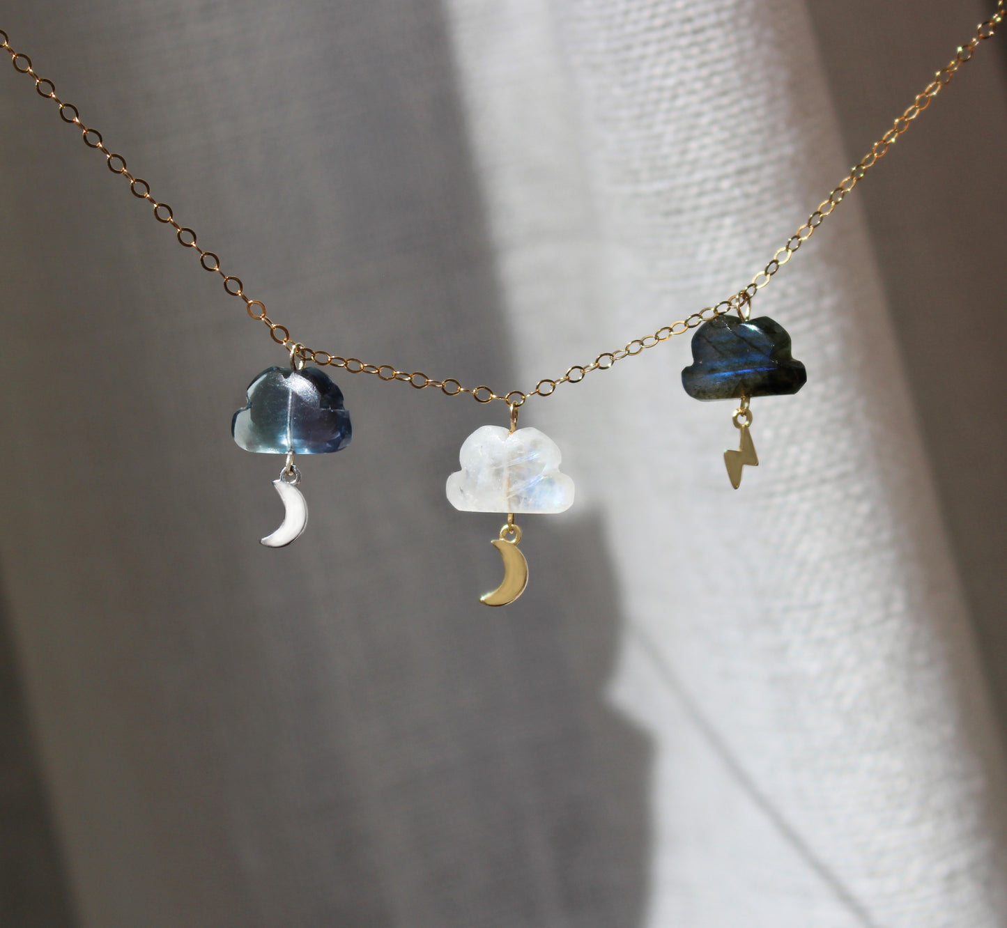 Natural Rainbow Gemstone Cloud with Gold Filled Chain Necklace · Labradorite · Moonstone · Fluorite