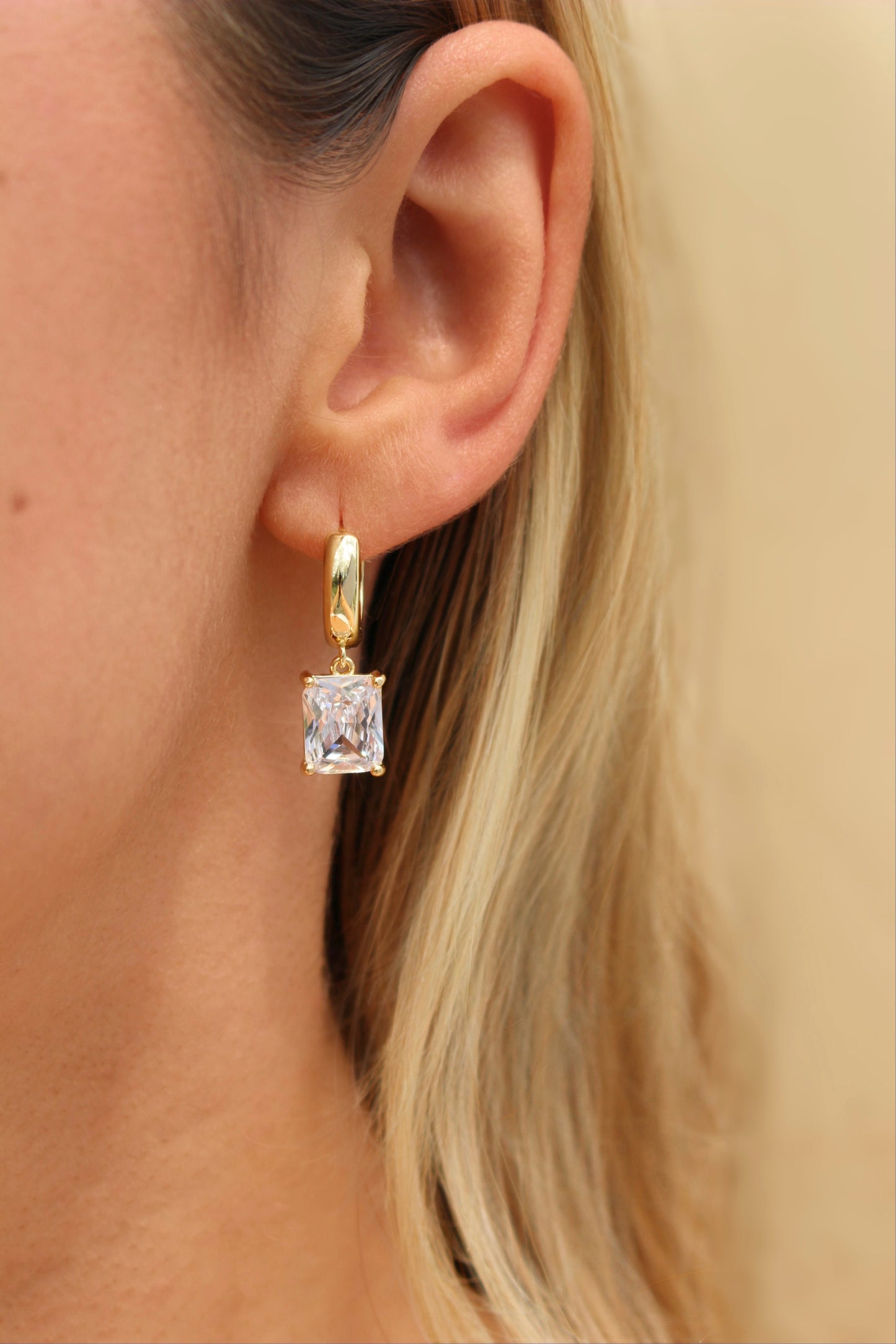 EMMA - Sparkling Emerald Cut Drop Earrings In 24K Gold
