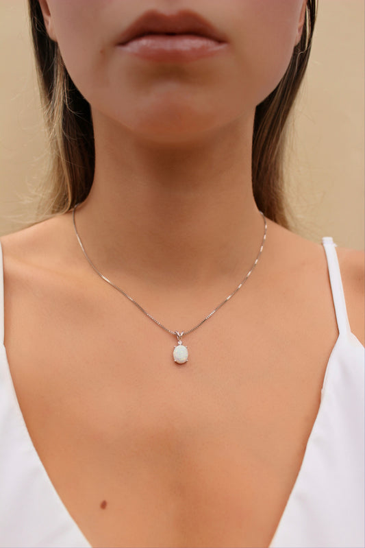 Opal Necklace in Genuine 925 Sterling Silver ∙ White Opal Drop Oval Charm Necklace
