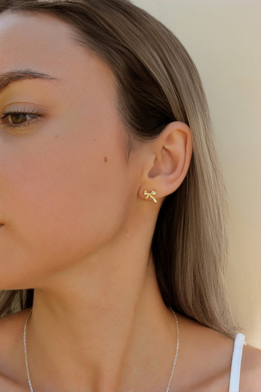 COQUETTE - 925 Sterling Silver Solid Bow Earrings ∙ Ribbon Gold Stud