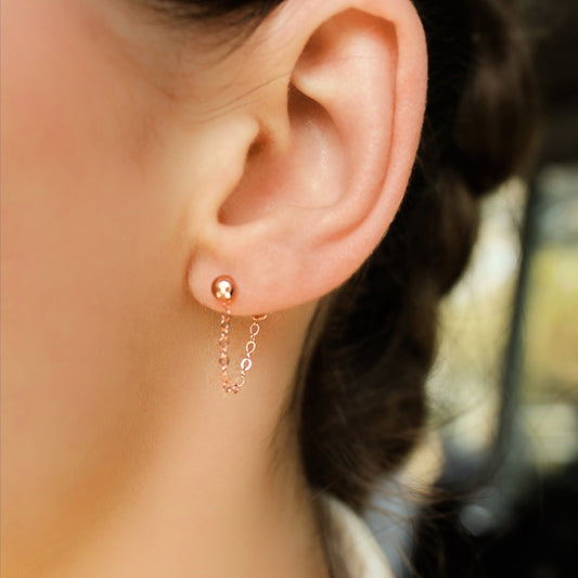 14K Rose gold filled earrings,  Front back chain on studs
