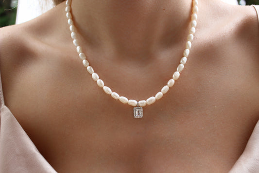 LUXE - Freshwater Pearl Choker Necklace and Sterling Silver Zircon Pendant
