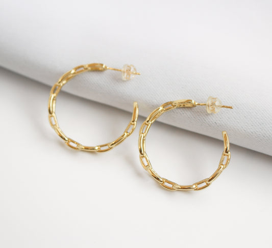 CAMILAH - Silver or 14K Gold Hoops Earrings ∙ Silver or Gold Circle Curb Chain Push Back ∙ Resistant Earrings ∙ Lightweight