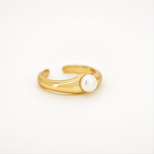 COCO - 925 Sterling Silver Pearl Ring ∙ 18K gold Open Ring ∙ Simple Dainty Adjustable Ring ∙ Pearl at the center